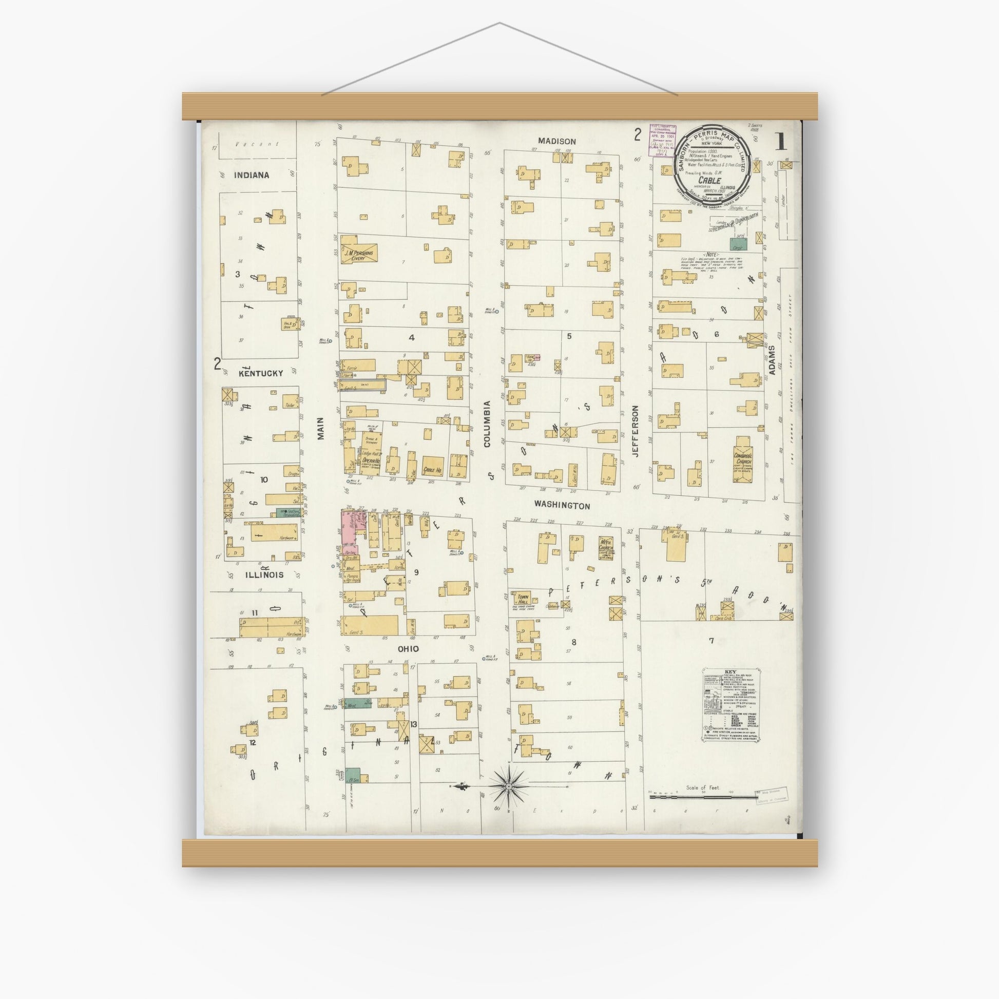 Old map wall art mockup — magnetic wood frame on white wall — Sanborn Fire Insurance Map from Cable, Mercer County, Illinois (1901) - Complete Map Set