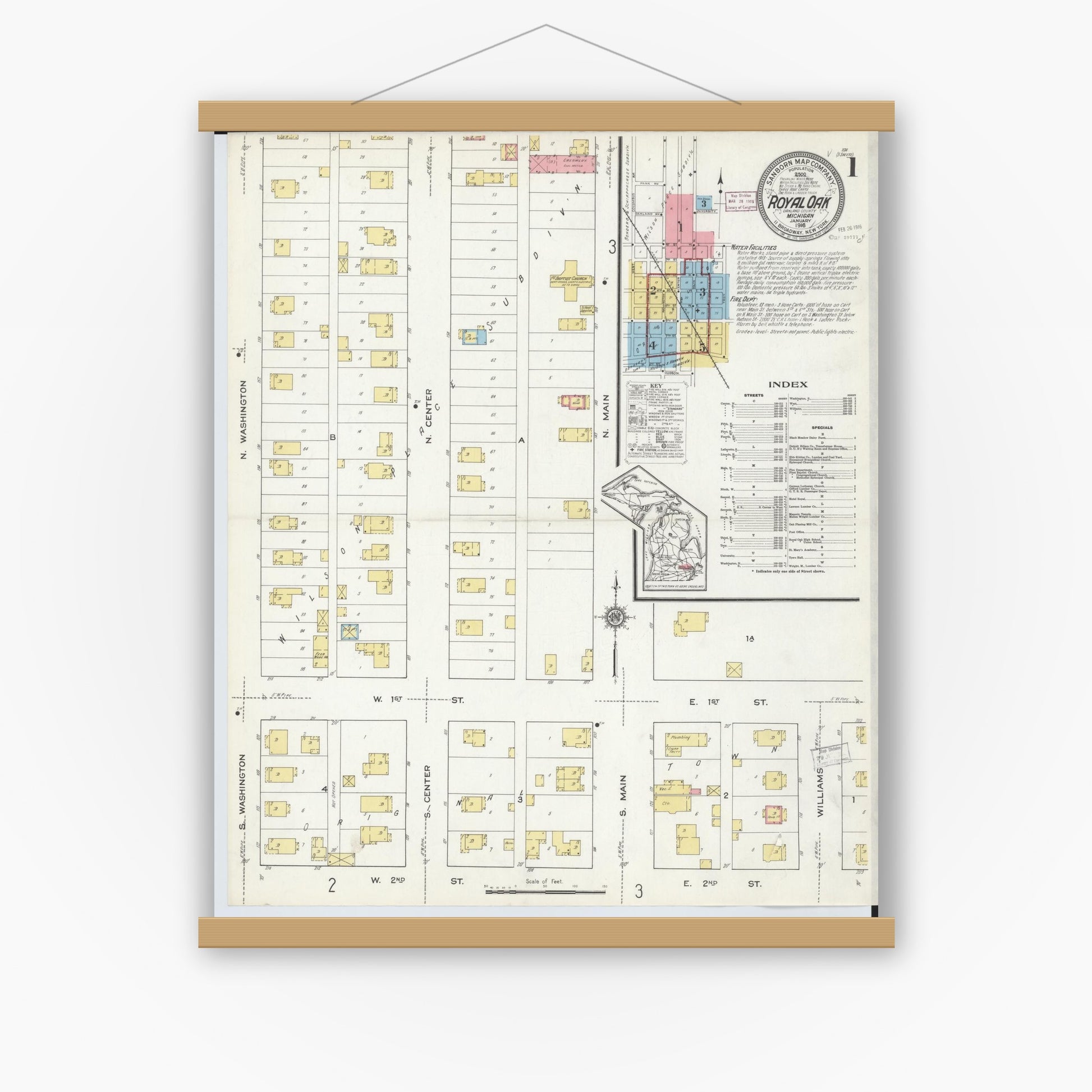 Old map wall art mockup — magnetic wood frame on white wall — Sanborn Fire Insurance Map from Royal Oak, Oakland County, Michigan (1916) - Complete Map Set