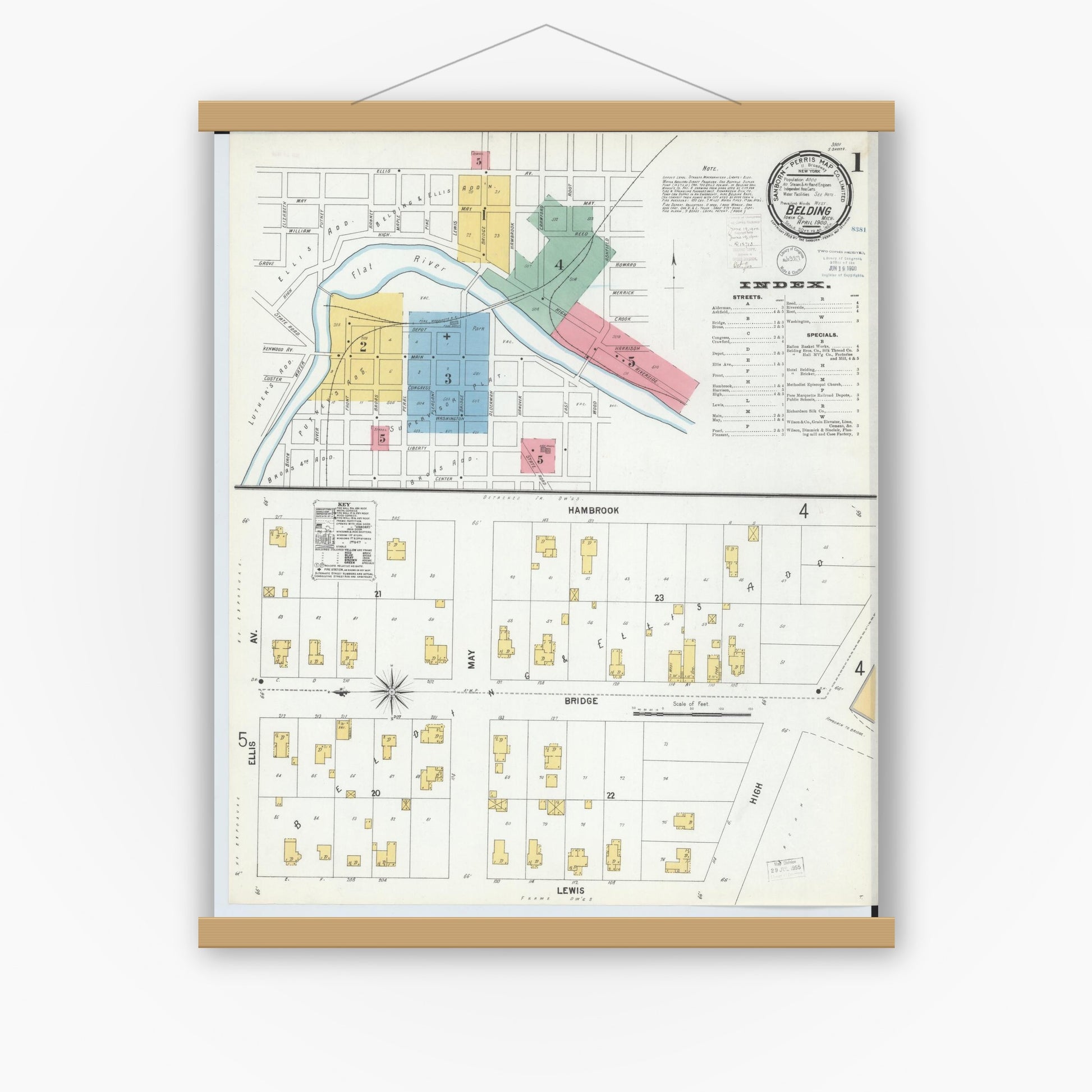 Old map wall art mockup — magnetic wood frame on white wall — Sanborn Fire Insurance Map from Belding, Ionia County, Michigan (1900), Sheet #0001