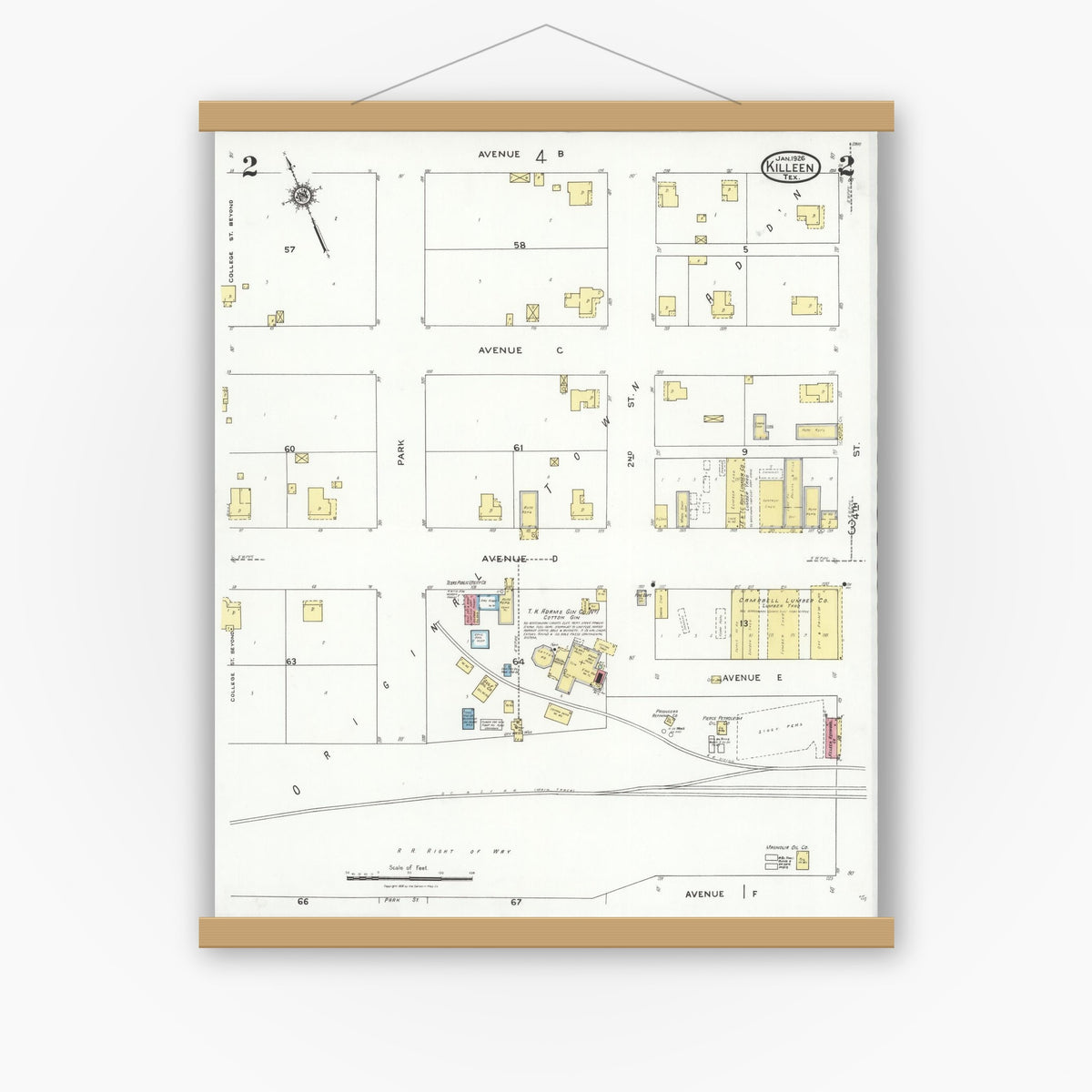 Old map wall art mockup — magnetic wood frame on white wall — Sanborn Fire Insurance Map from Killeen, Bell County, Texas (1926), Sheet #0002