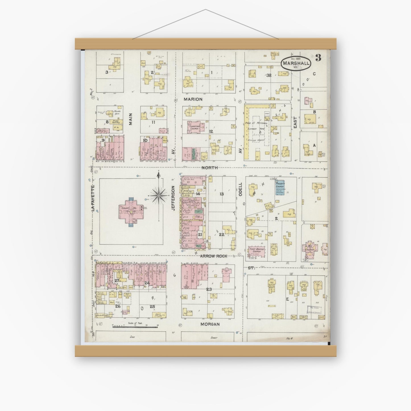 Old map wall art mockup — magnetic wood frame on white wall — Sanborn Fire Insurance Map from Marshall, Saline County, Missouri (1889), Sheet #0003