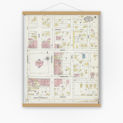 Old map wall art mockup — magnetic wood frame on white wall — Sanborn Fire Insurance Map from Marshall, Saline County, Missouri (1889), Sheet #0003