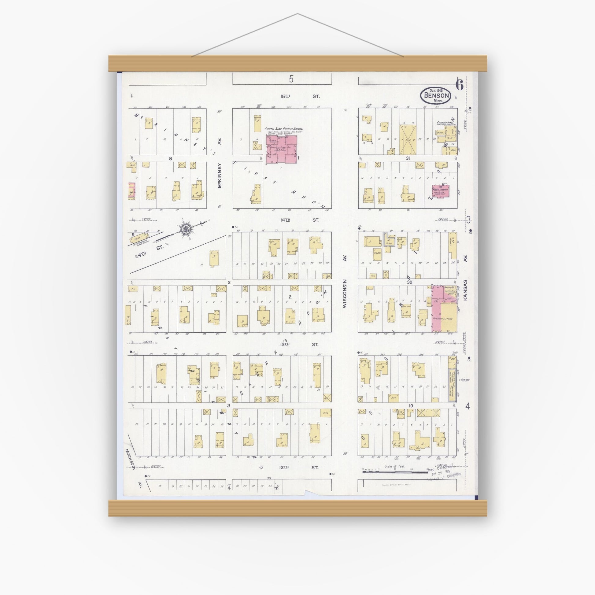 Old map wall art mockup — magnetic wood frame on white wall — Sanborn Fire Insurance Map from Benson, Swift County, Minnesota (1916), Sheet #0006