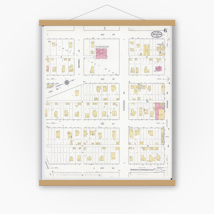 Old map wall art mockup — magnetic wood frame on white wall — Sanborn Fire Insurance Map from Benson, Swift County, Minnesota (1916), Sheet #0006