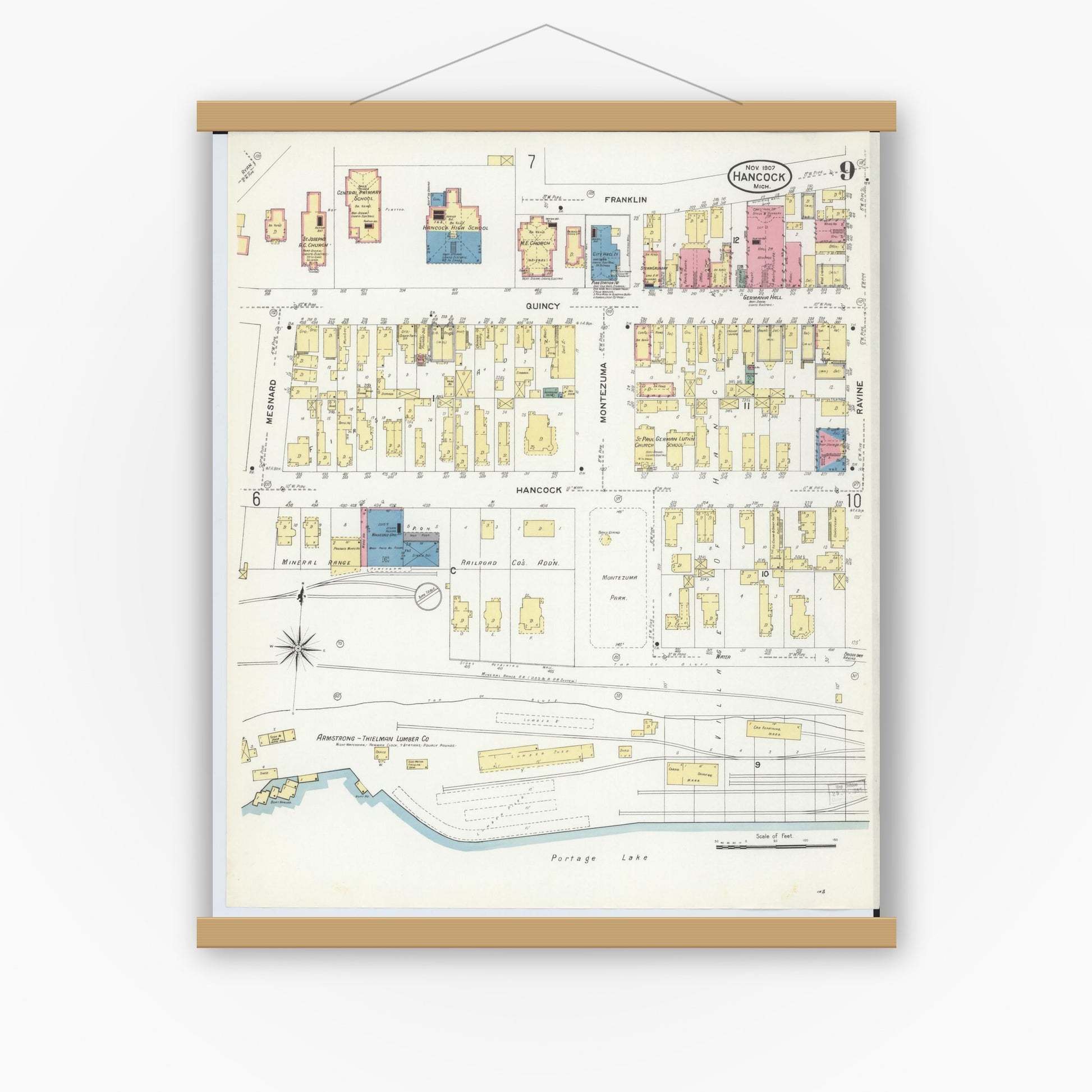 Old map wall art mockup — magnetic wood frame on white wall — Sanborn Fire Insurance Map from Hancock, Houghton County, Michigan (1907), Sheet #0009