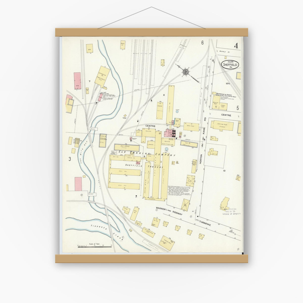 Old map wall art mockup — magnetic wood frame on white wall — Sanborn Fire Insurance Map from Sheffield, Warren County, Pennsylvania (1910), Sheet #0004