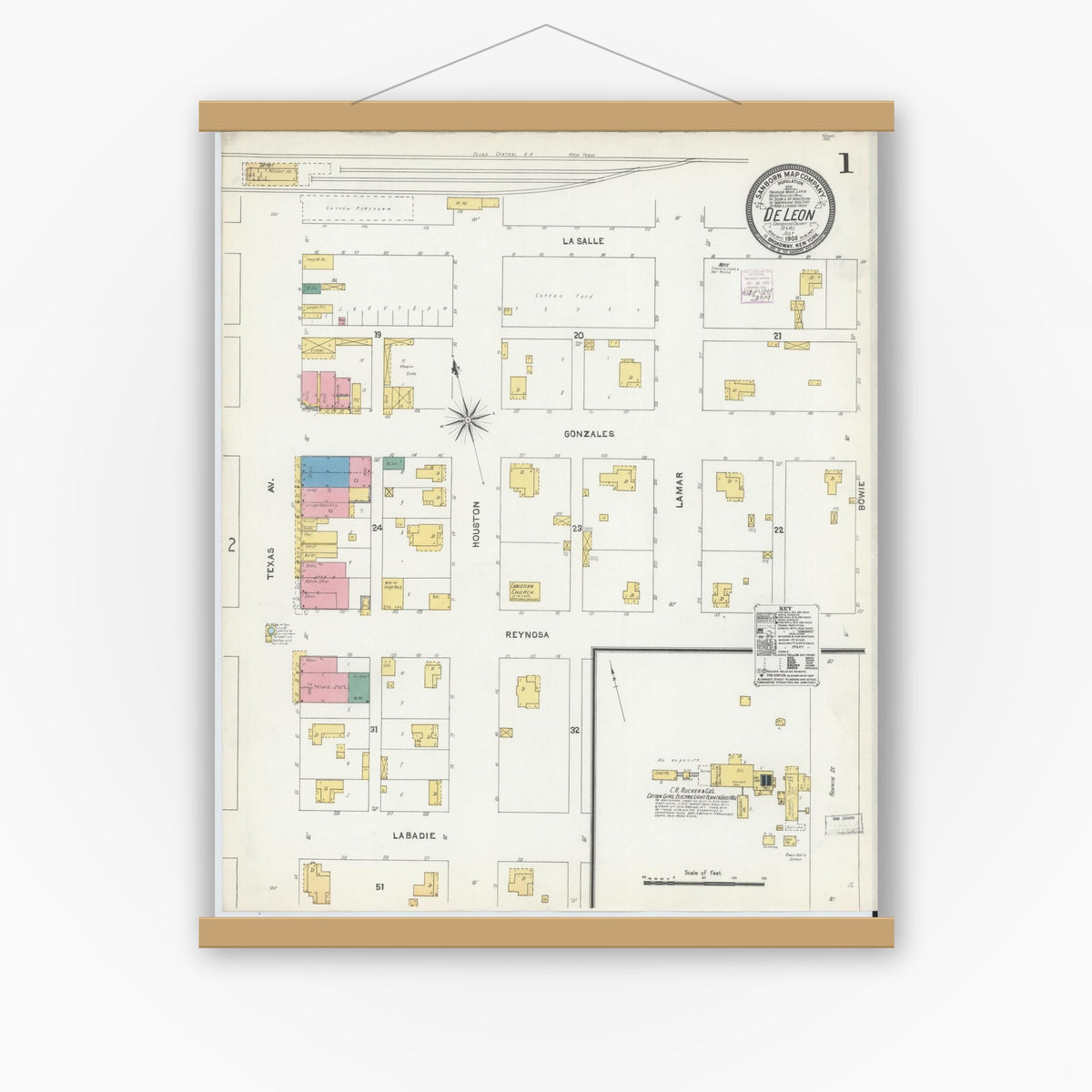 Old map wall art mockup — magnetic wood frame on white wall — Sanborn Fire Insurance Map from De Leon, Comanche County, Texas (1905), Sheet #0001