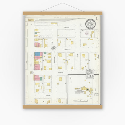 Old map wall art mockup — magnetic wood frame on white wall — Sanborn Fire Insurance Map from De Leon, Comanche County, Texas (1905), Sheet #0001