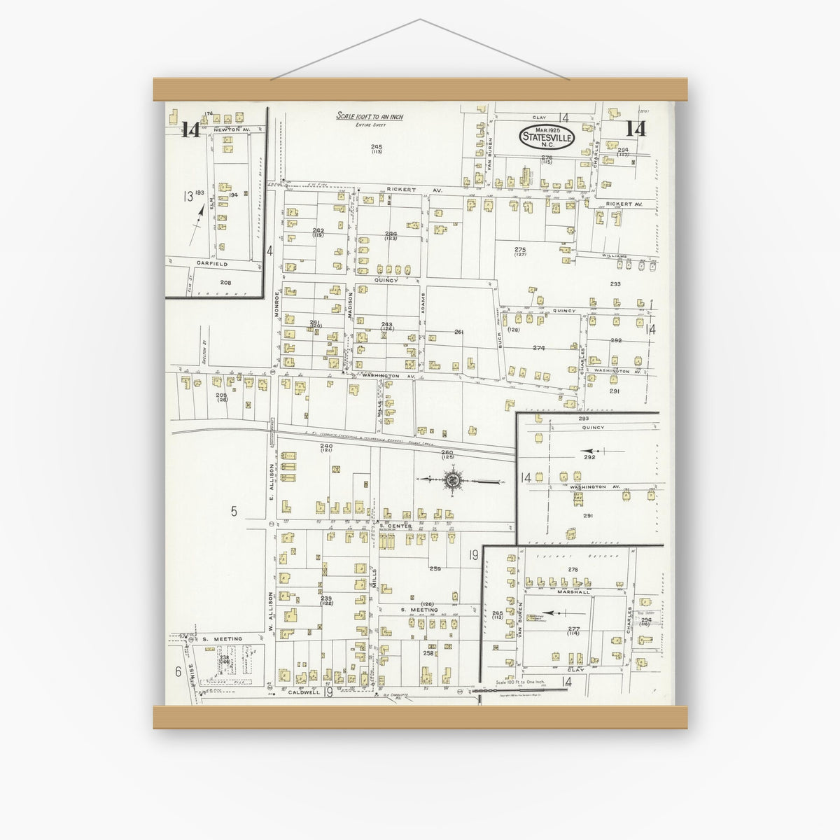 Old map wall art mockup — magnetic wood frame on white wall — Sanborn Fire Insurance Map from Statesville, Iredell County, North Carolina (1925), Sheet #0014