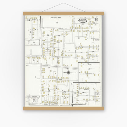 Old map wall art mockup — magnetic wood frame on white wall — Sanborn Fire Insurance Map from Statesville, Iredell County, North Carolina (1925), Sheet #0014