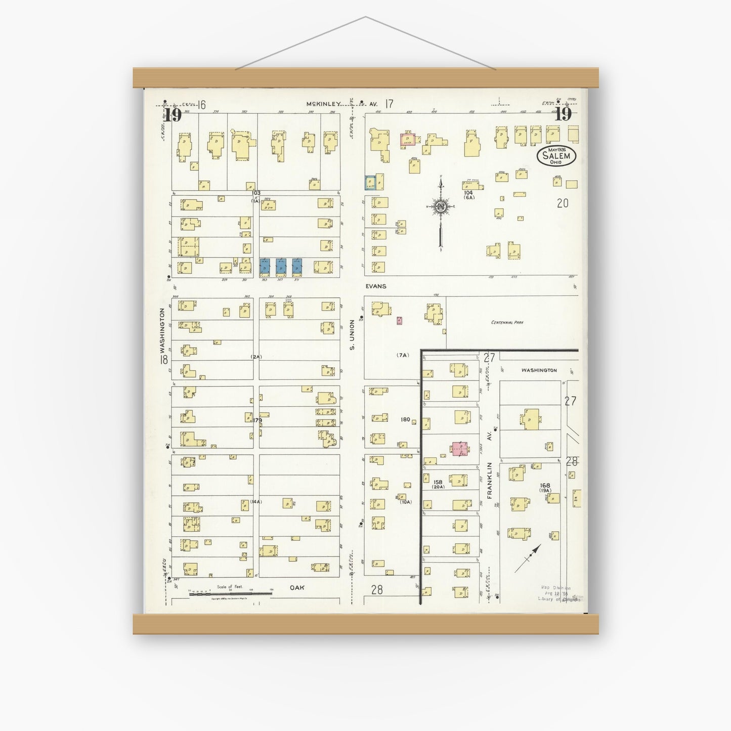 Old map wall art mockup — magnetic wood frame on white wall — Sanborn Fire Insurance Map from Salem, Columbiana County, Ohio (1926), Sheet #0019