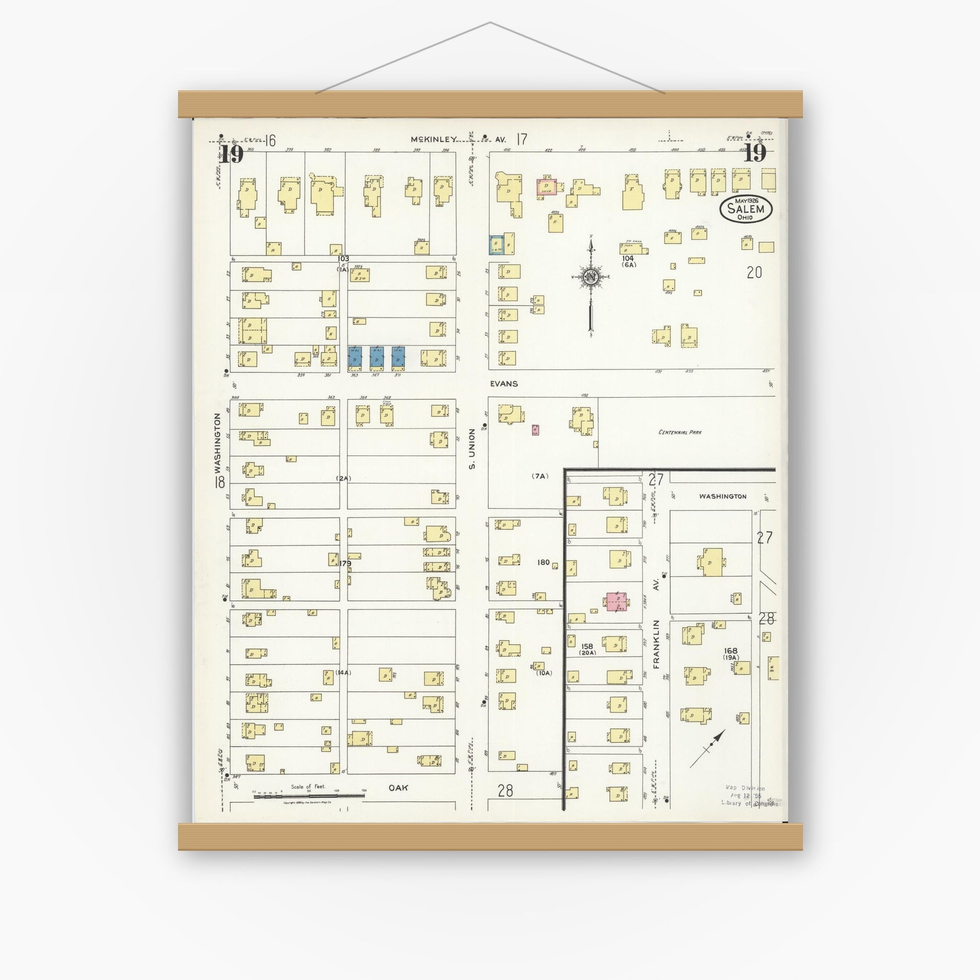 Old map wall art mockup — magnetic wood frame on white wall — Sanborn Fire Insurance Map from Salem, Columbiana County, Ohio (1926), Sheet #0019