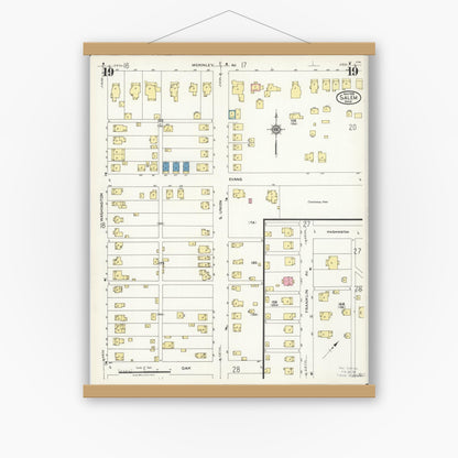 Old map wall art mockup — magnetic wood frame on white wall — Sanborn Fire Insurance Map from Salem, Columbiana County, Ohio (1926), Sheet #0019