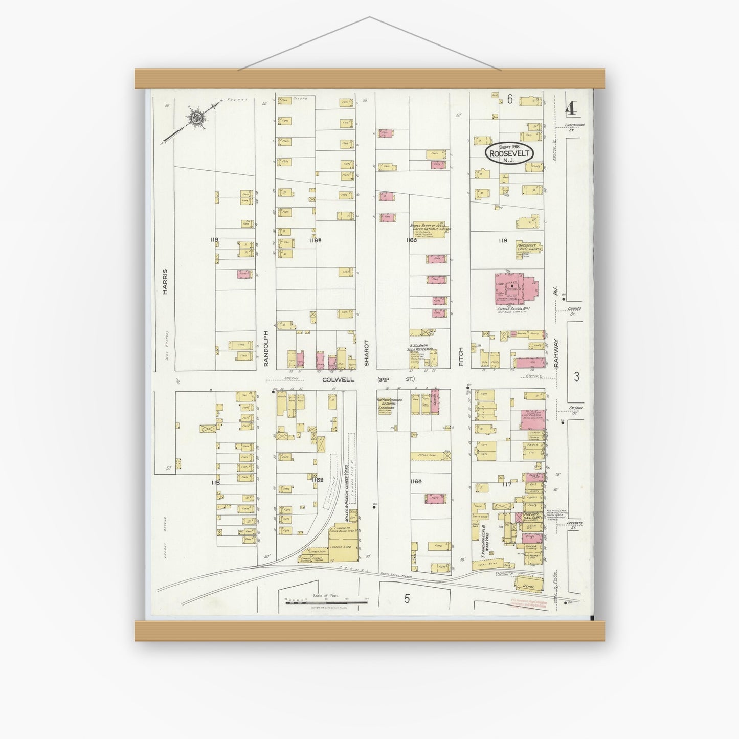 Old map wall art mockup — magnetic wood frame on white wall — Sanborn Fire Insurance Map from Roosevelt, Middlesex County, New Jersey (1916), Sheet #0004