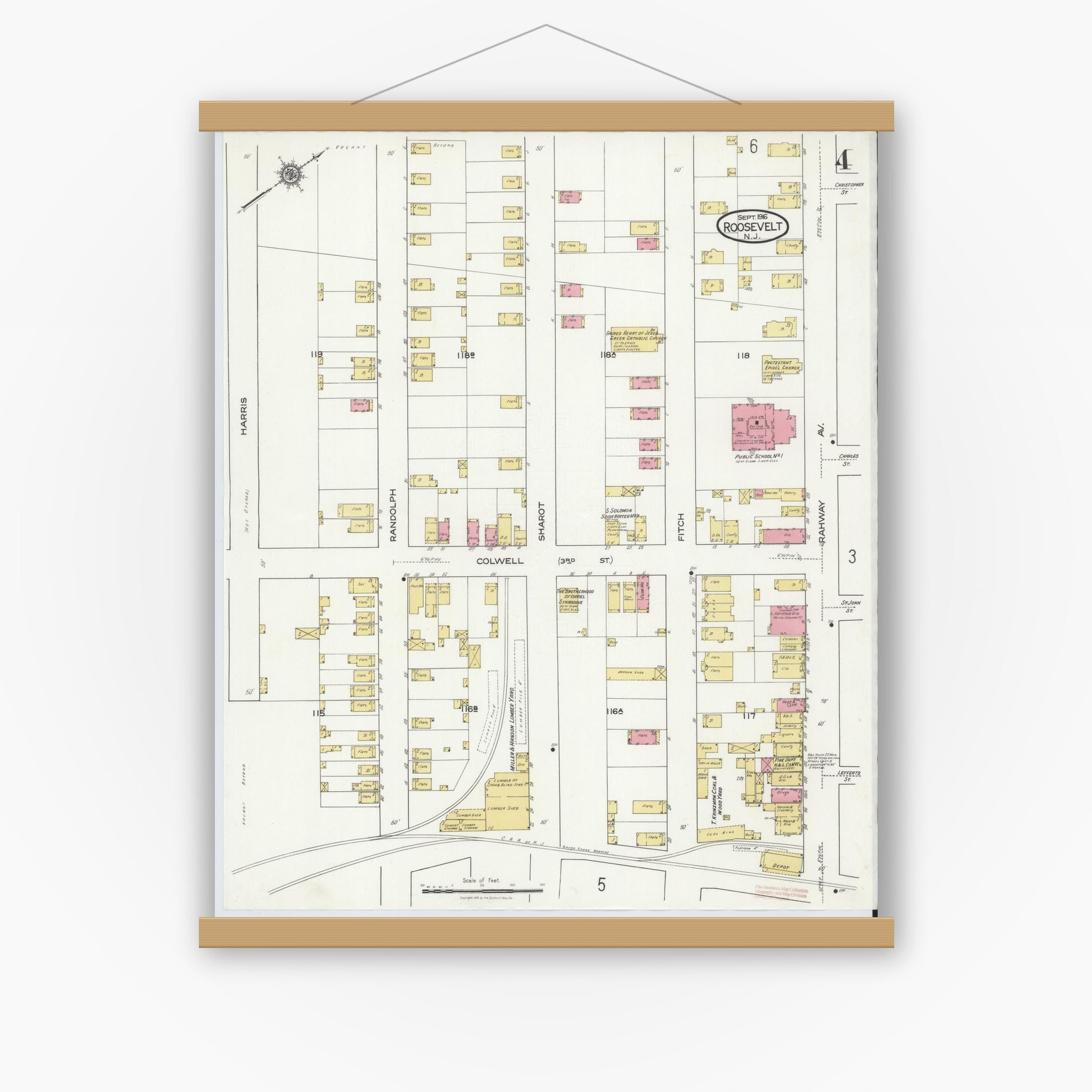 Old map wall art mockup — magnetic wood frame on white wall — Sanborn Fire Insurance Map from Roosevelt, Middlesex County, New Jersey (1916), Sheet #0004