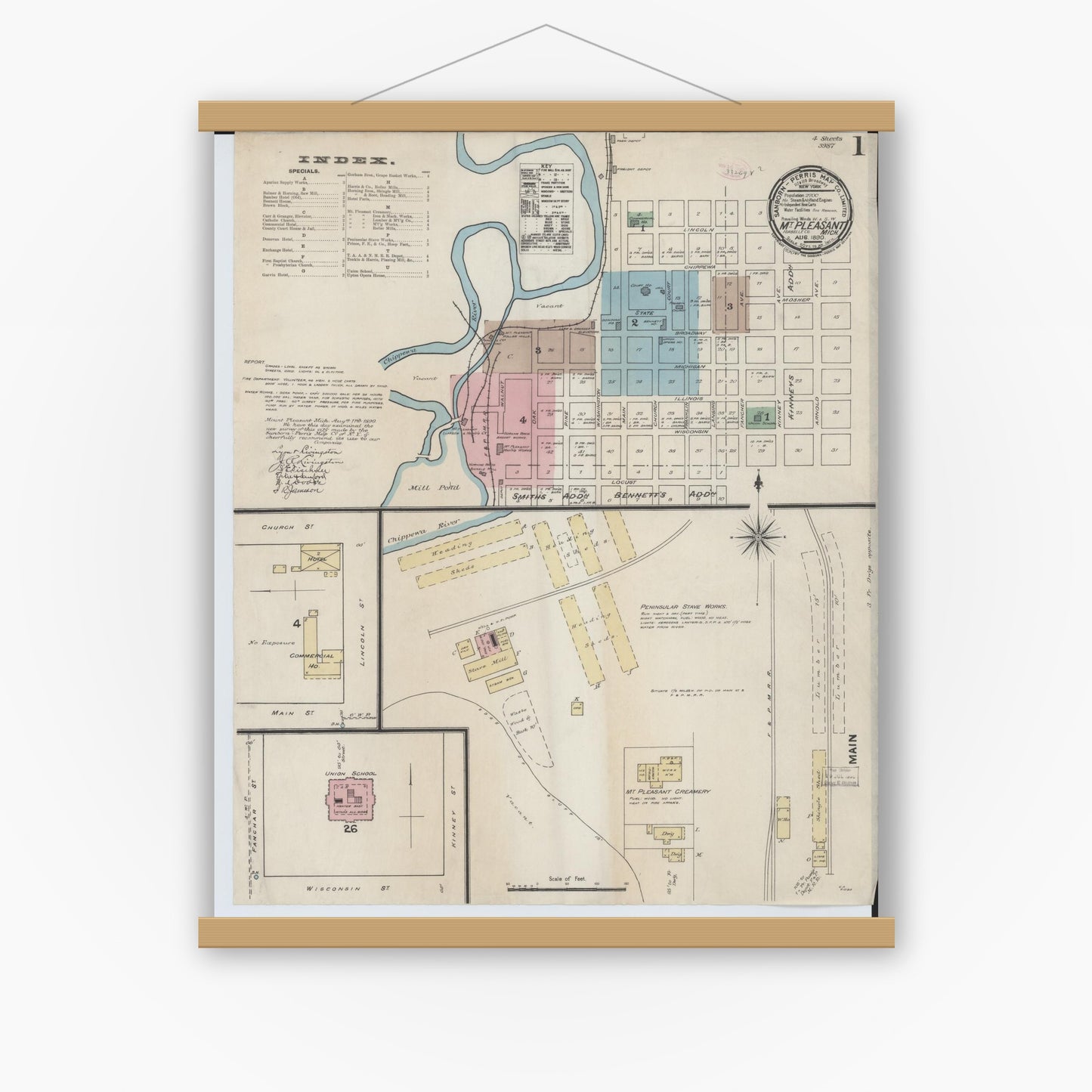 Old map wall art mockup — magnetic wood frame on white wall — Sanborn Fire Insurance Map from Mount Pleasant, Isabella County, Michigan (1890) - Complete Map Set
