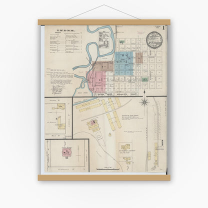 Old map wall art mockup — magnetic wood frame on white wall — Sanborn Fire Insurance Map from Mount Pleasant, Isabella County, Michigan (1890) - Complete Map Set