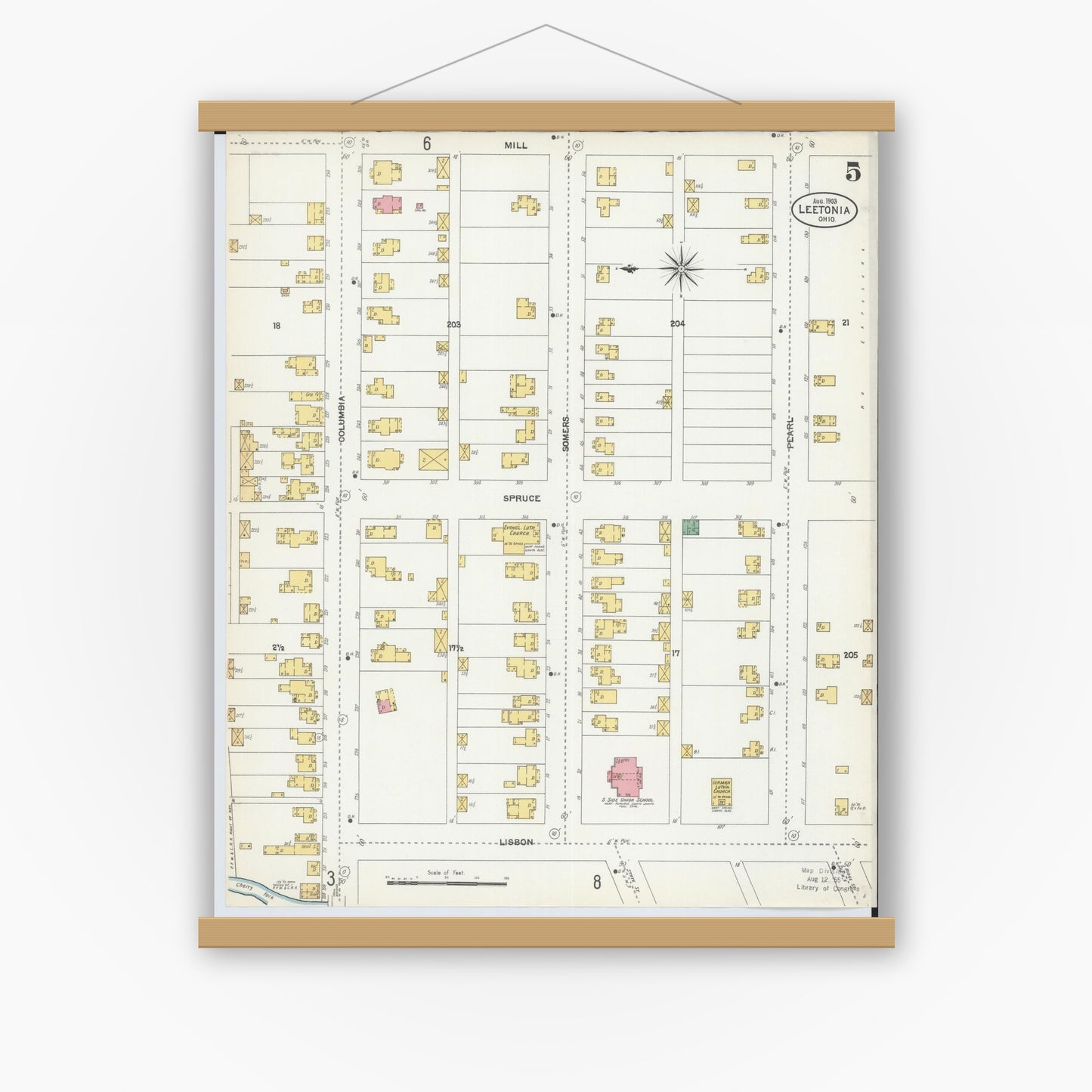 Old map wall art mockup — magnetic wood frame on white wall — Sanborn Fire Insurance Map from Leetonia, Columbiana County, Ohio (1903), Sheet #0005