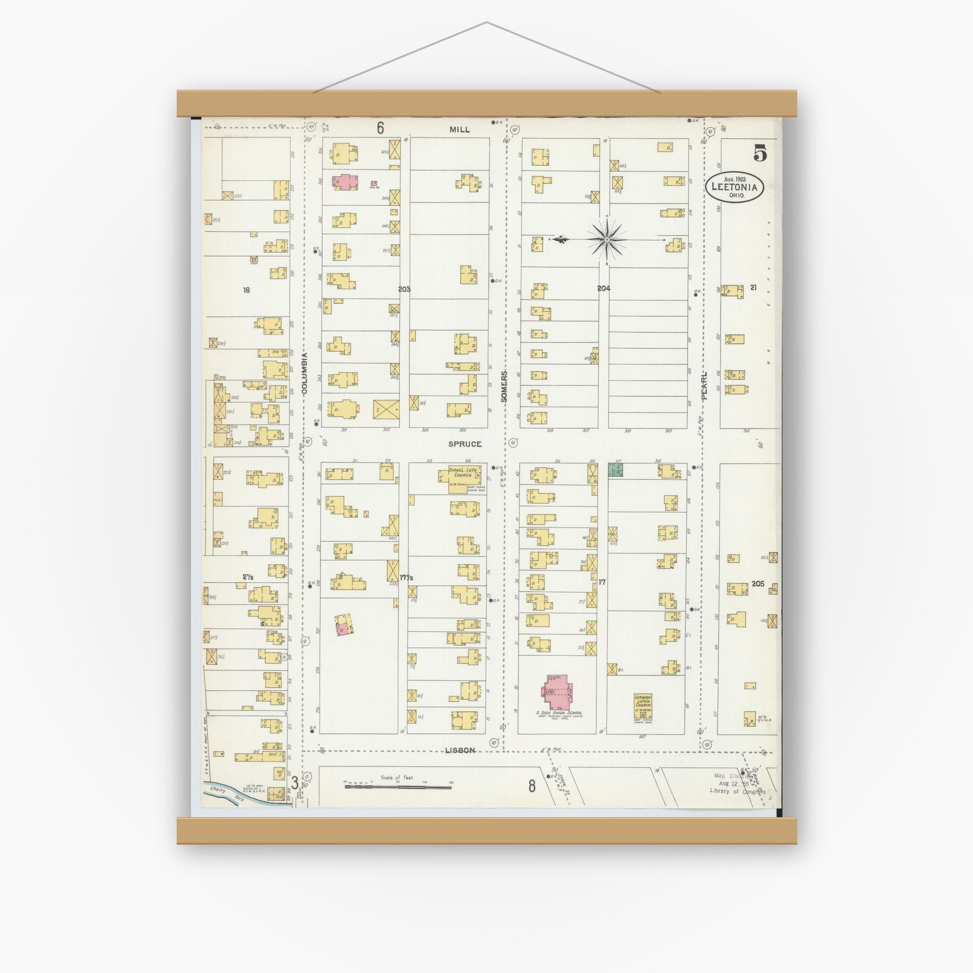 Old map wall art mockup — magnetic wood frame on white wall — Sanborn Fire Insurance Map from Leetonia, Columbiana County, Ohio (1903), Sheet #0005