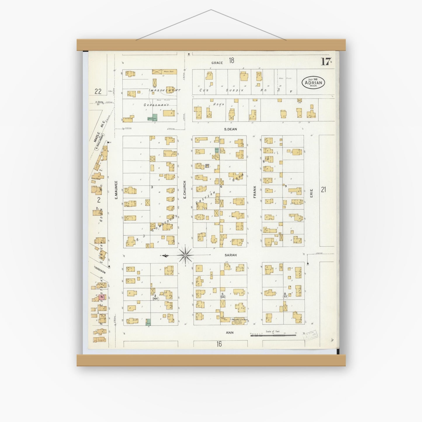 Old map wall art mockup — magnetic wood frame on white wall — Sanborn Fire Insurance Map from Adrian, Lenawee County, Michigan (1908), Sheet #0017
