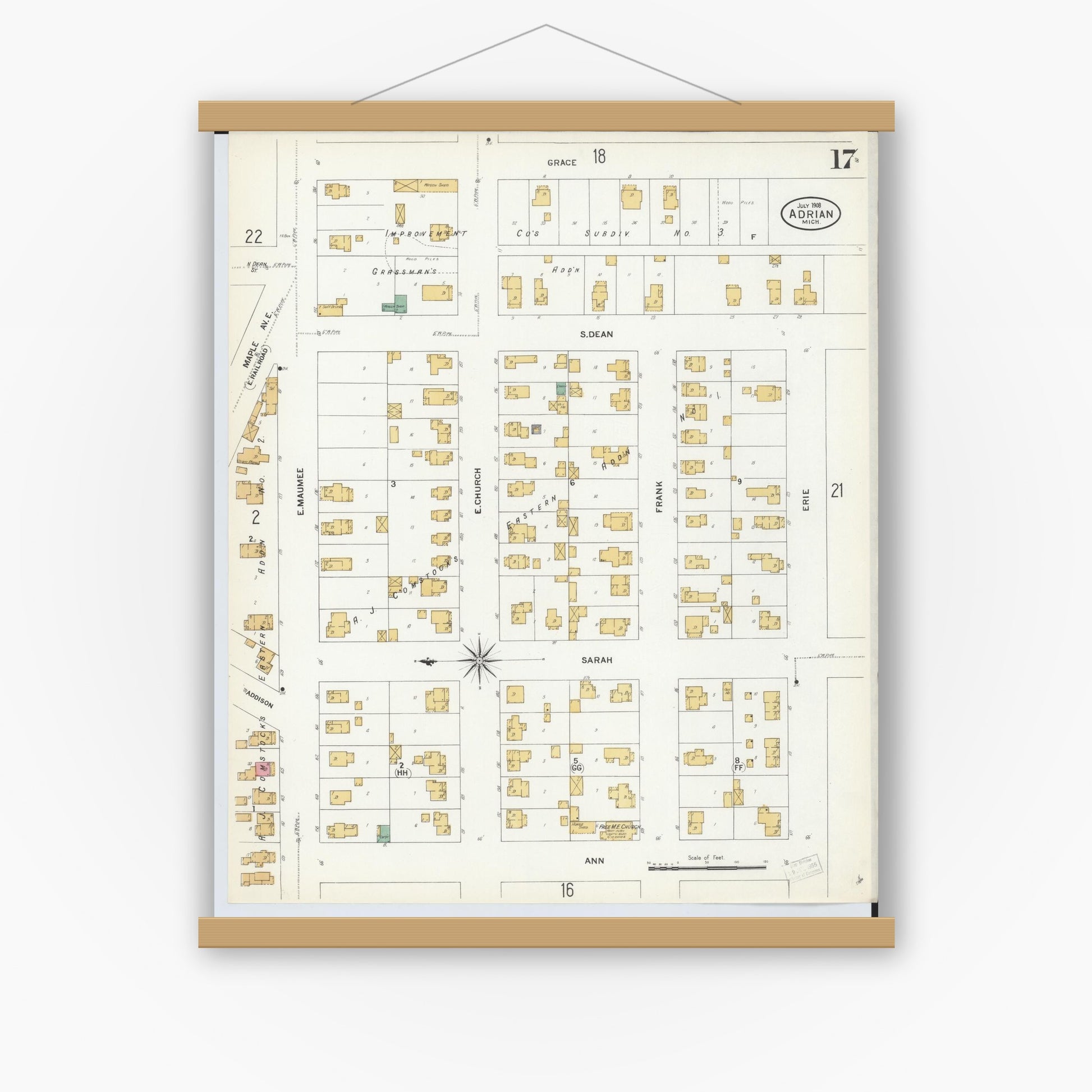 Old map wall art mockup — magnetic wood frame on white wall — Sanborn Fire Insurance Map from Adrian, Lenawee County, Michigan (1908), Sheet #0017