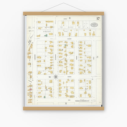 Old map wall art mockup — magnetic wood frame on white wall — Sanborn Fire Insurance Map from Adrian, Lenawee County, Michigan (1908), Sheet #0017