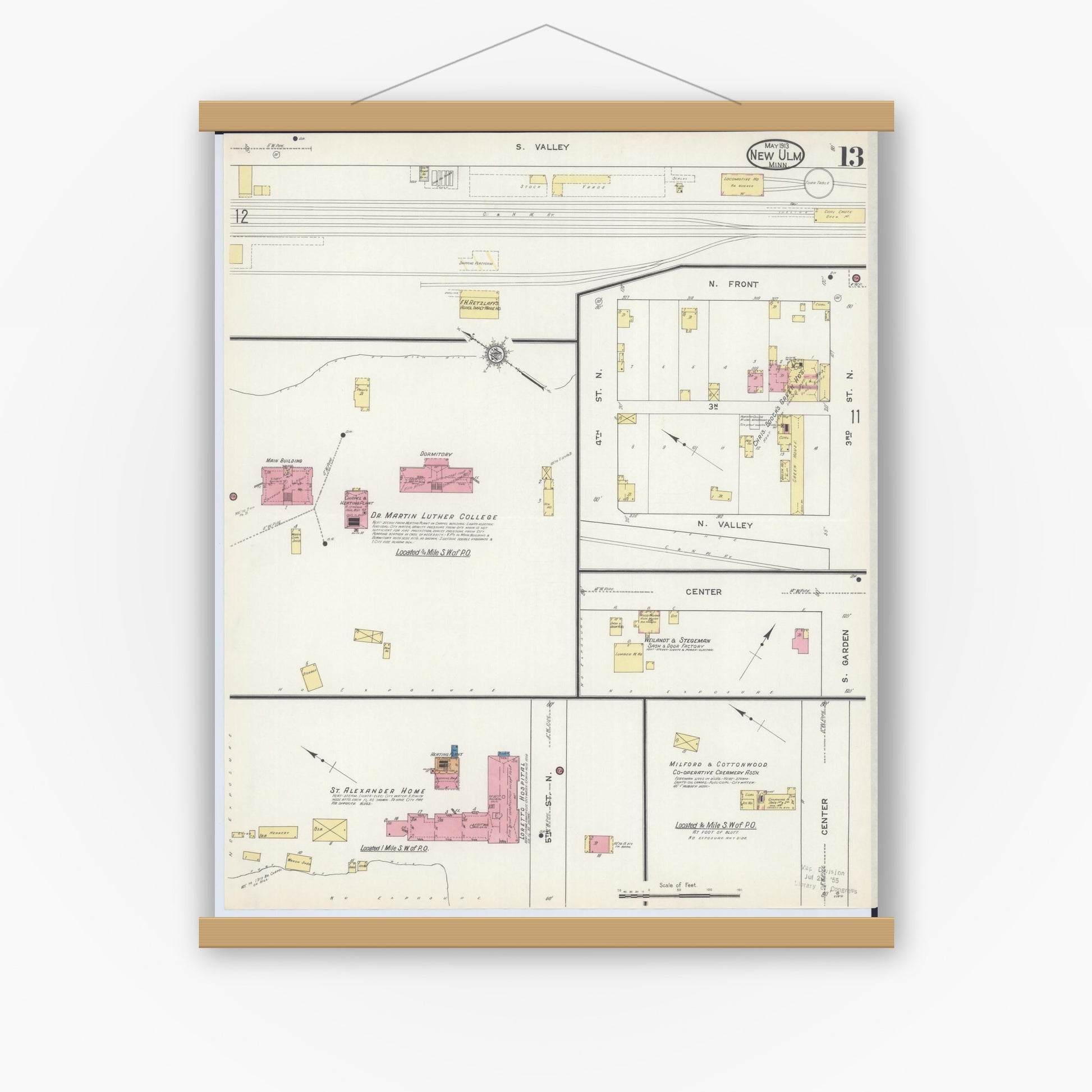 Old map wall art mockup — magnetic wood frame on white wall — Sanborn Fire Insurance Map from New Ulm, Brown County, Minnesota (1913), Sheet #0013