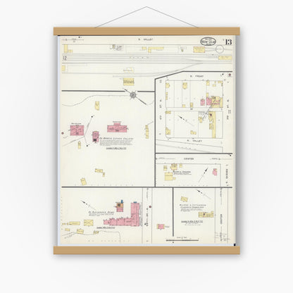 Old map wall art mockup — magnetic wood frame on white wall — Sanborn Fire Insurance Map from New Ulm, Brown County, Minnesota (1913), Sheet #0013