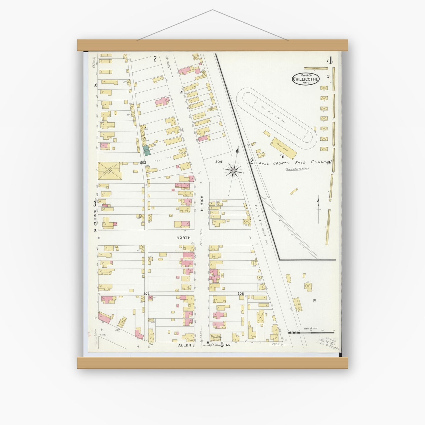 Old map wall art mockup — magnetic wood frame on white wall — Sanborn Fire Insurance Map from Chillicothe, Ross County, Ohio (1909), Sheet #0004