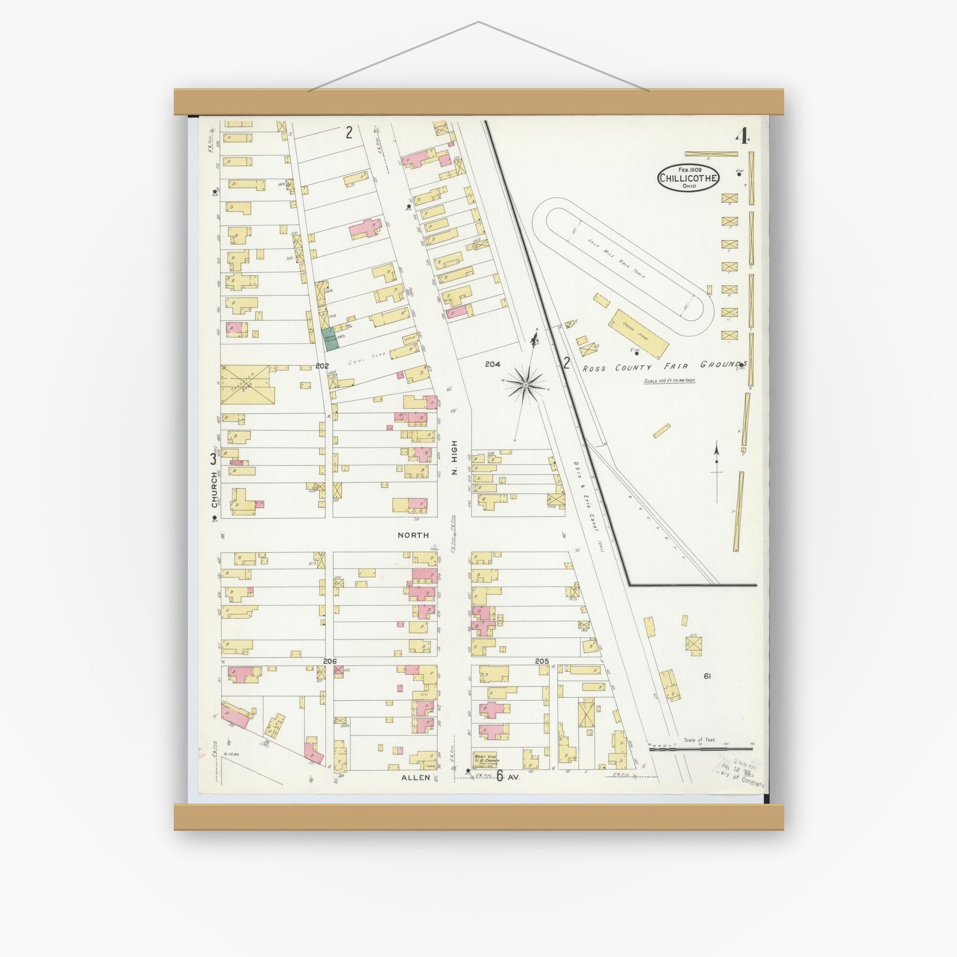 Old map wall art mockup — magnetic wood frame on white wall — Sanborn Fire Insurance Map from Chillicothe, Ross County, Ohio (1909), Sheet #0004