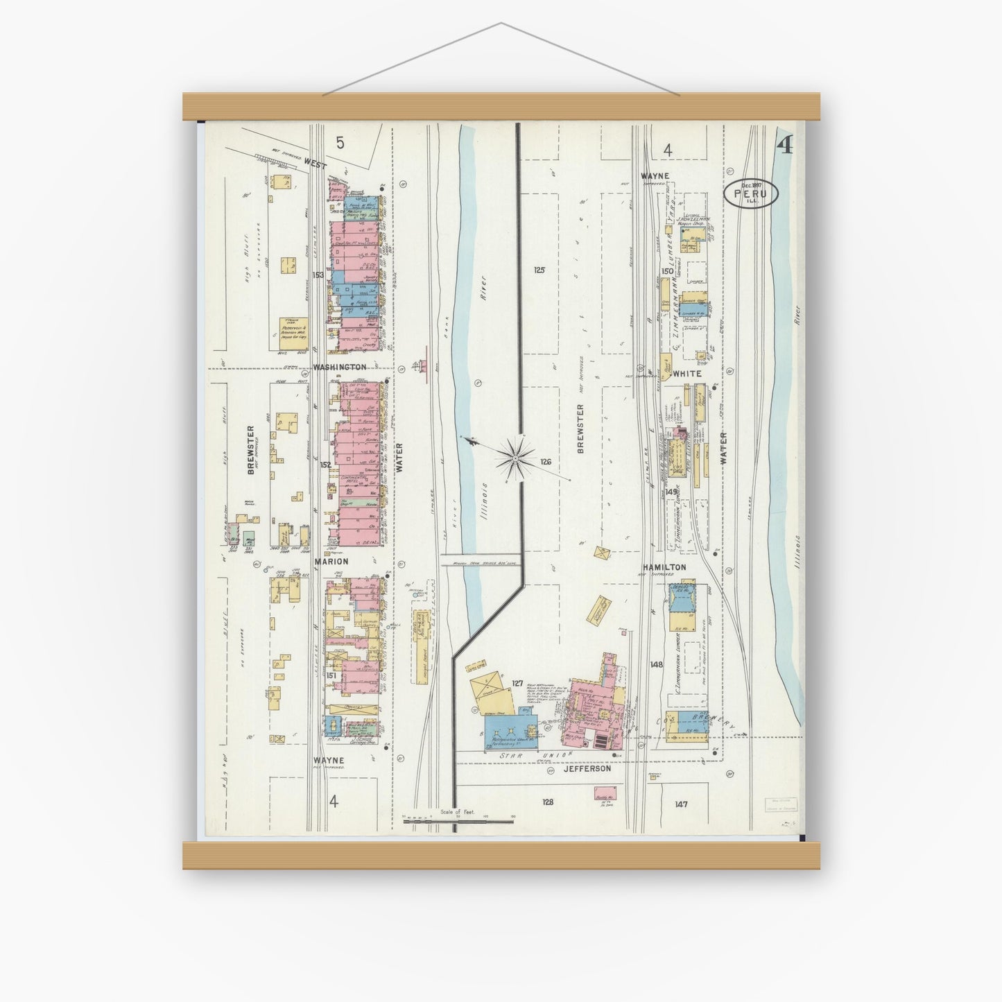 Old map wall art mockup — magnetic wood frame on white wall — Sanborn Fire Insurance Map from Peru, La Salle County, Illinois (1897), Sheet #0004