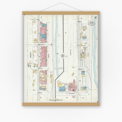 Old map wall art mockup — magnetic wood frame on white wall — Sanborn Fire Insurance Map from Peru, La Salle County, Illinois (1897), Sheet #0004