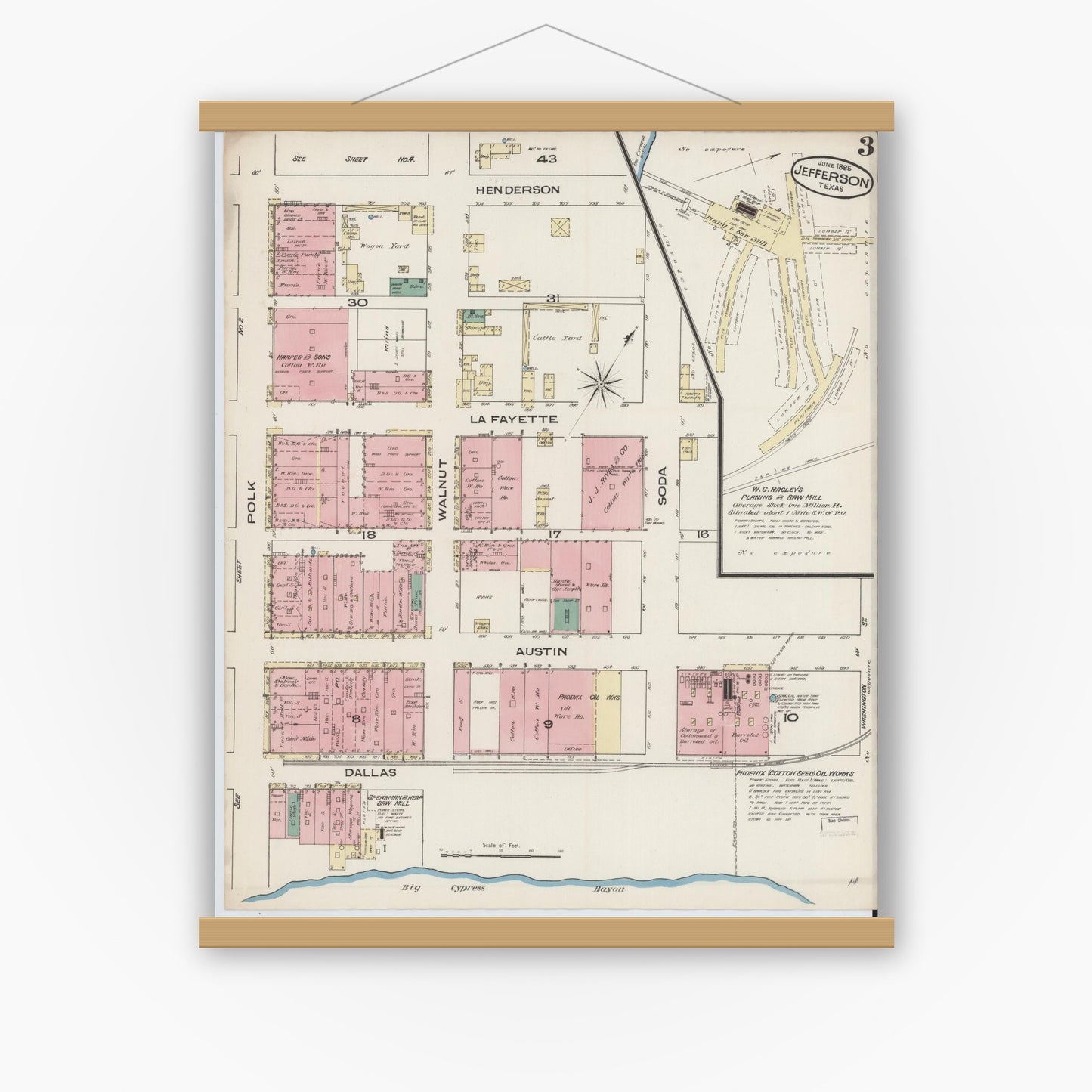 Old map wall art mockup — magnetic wood frame on white wall — Sanborn Fire Insurance Map from Jefferson, Marion County, Texas (1885), Sheet #0003