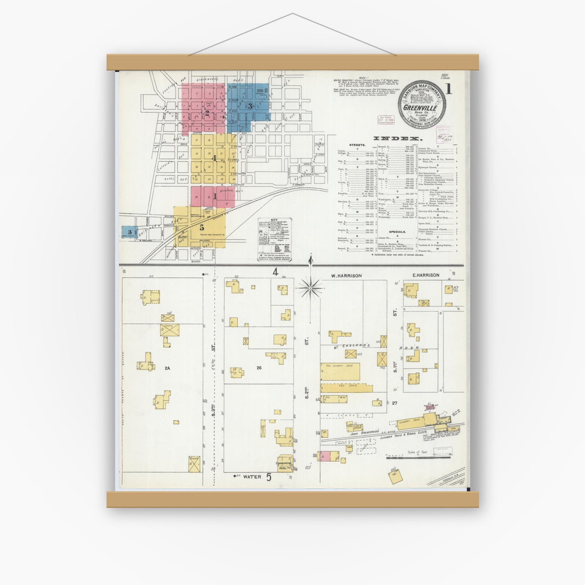 Old map wall art mockup — magnetic wood frame on white wall — Sanborn Fire Insurance Map from Greenville, Bond County, Illinois (1906), Sheet #0001