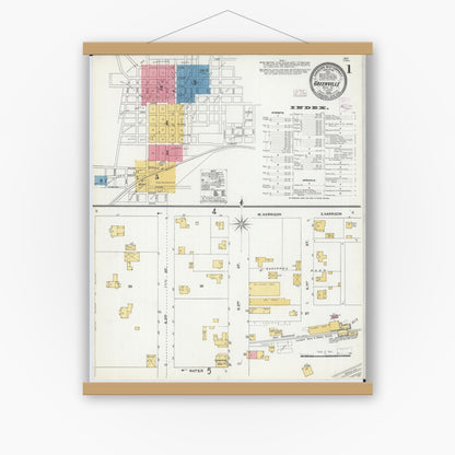 Old map wall art mockup — magnetic wood frame on white wall — Sanborn Fire Insurance Map from Greenville, Bond County, Illinois (1906), Sheet #0001