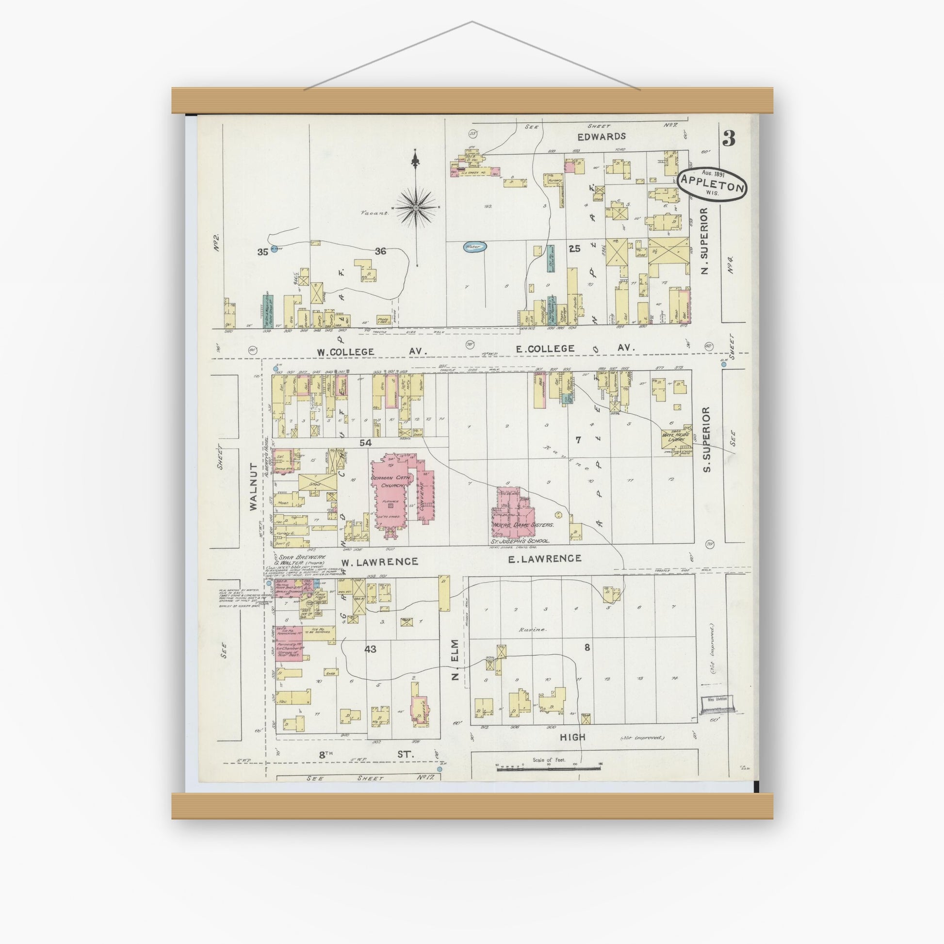Old map wall art mockup — magnetic wood frame on white wall — Sanborn Fire Insurance Map from Appleton, Outagamie County, Wisconsin (1891), Sheet #0003