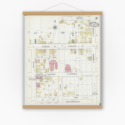 Old map wall art mockup — magnetic wood frame on white wall — Sanborn Fire Insurance Map from Appleton, Outagamie County, Wisconsin (1891), Sheet #0003