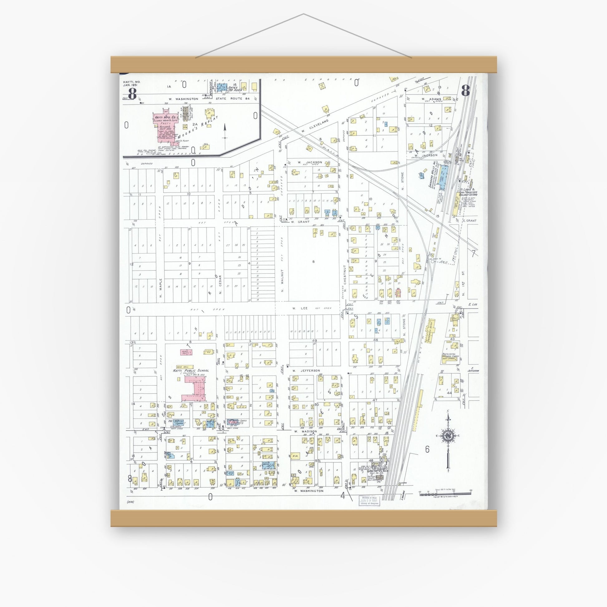 Old map wall art mockup — magnetic wood frame on white wall — Sanborn Fire Insurance Map from Hayti, Pemiscot County, Missouri (1951), Sheet #0008