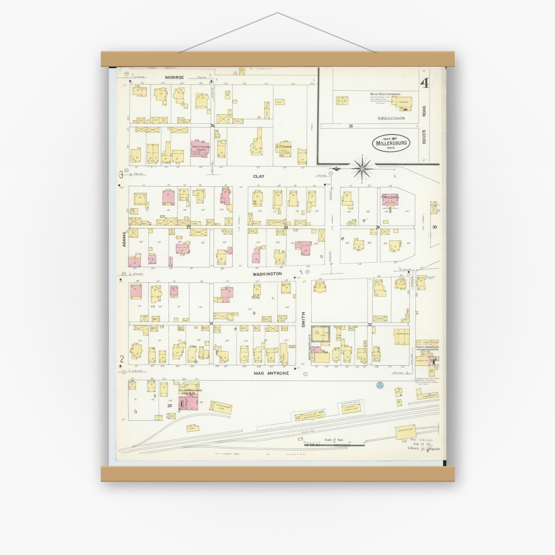 Old map wall art mockup — magnetic wood frame on white wall — Sanborn Fire Insurance Map from Millersburg, Holmes County, Ohio (1907), Sheet #0004
