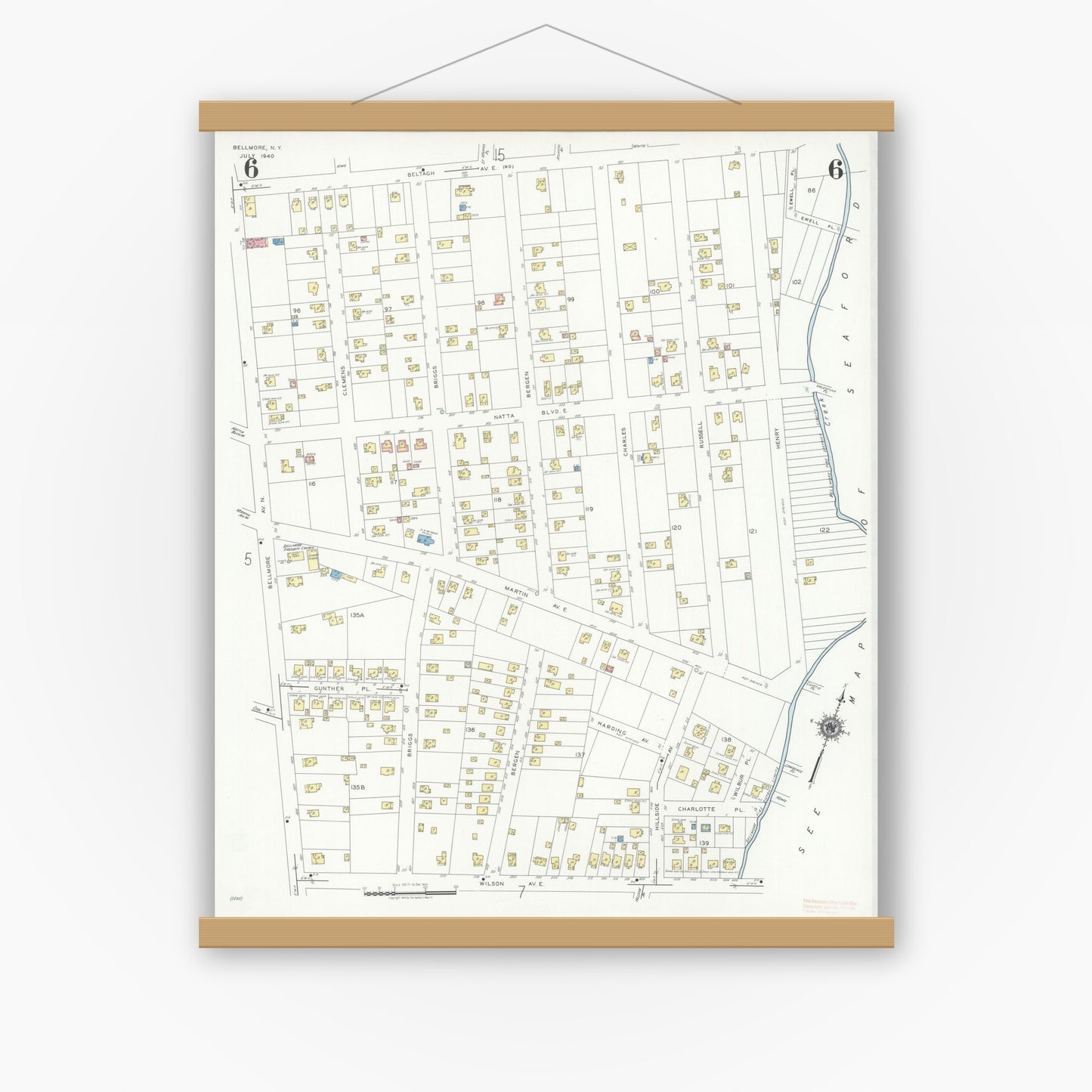 Old map wall art mockup — magnetic wood frame on white wall — Sanborn Fire Insurance Map from Bellmore, Nassau County, New York (1940), Sheet #0006