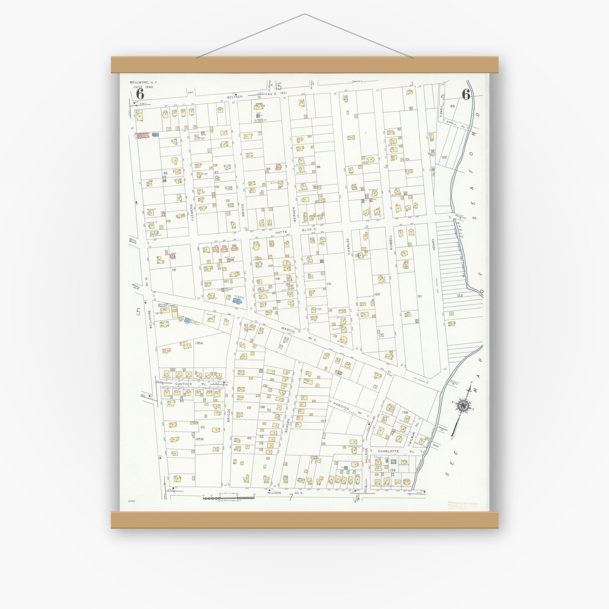 Old map wall art mockup — magnetic wood frame on white wall — Sanborn Fire Insurance Map from Bellmore, Nassau County, New York (1940), Sheet #0006