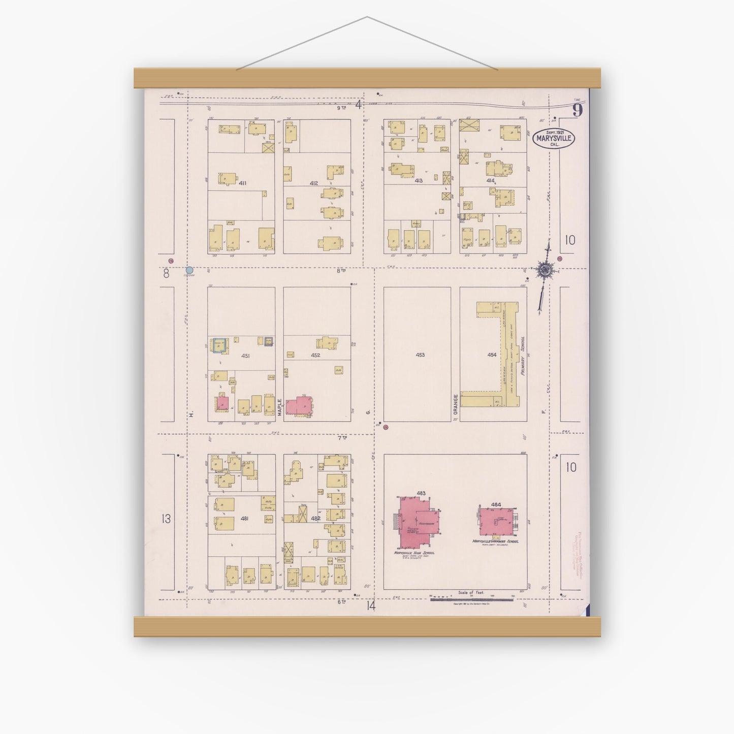 Old map wall art mockup — magnetic wood frame on white wall — Sanborn Fire Insurance Map from Marysville, Yuba County, California (1921), Sheet #0009