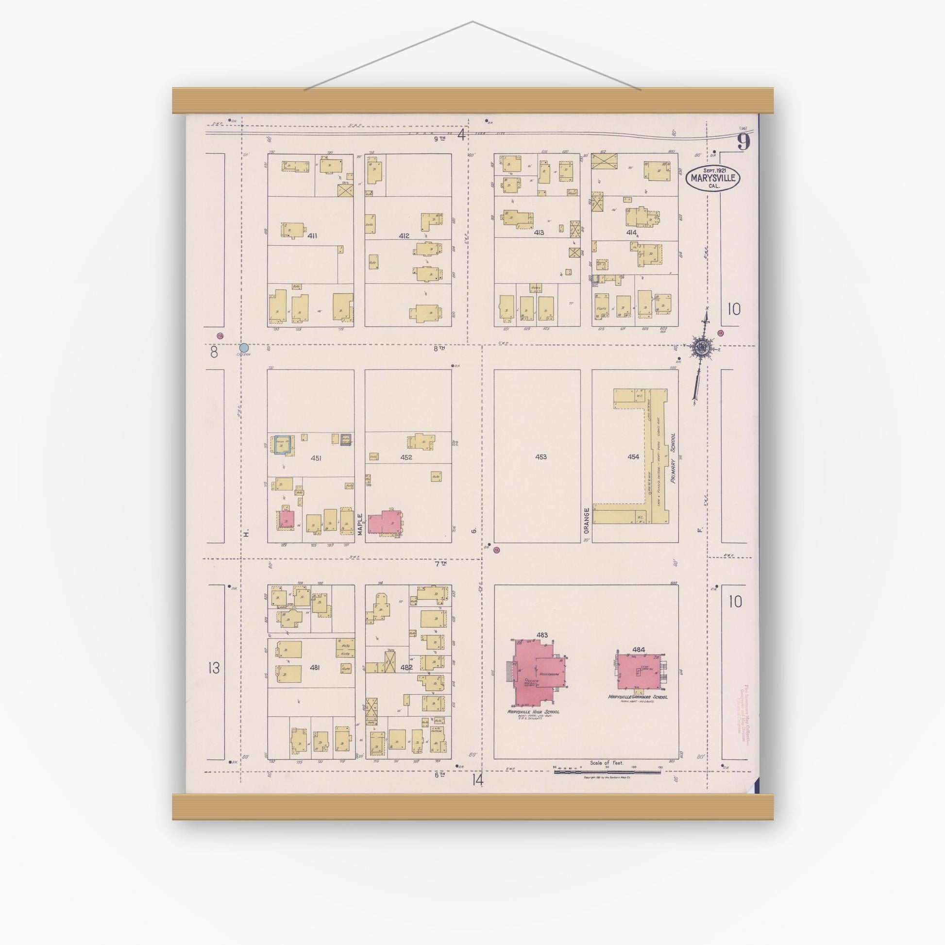 Old map wall art mockup — magnetic wood frame on white wall — Sanborn Fire Insurance Map from Marysville, Yuba County, California (1921), Sheet #0009