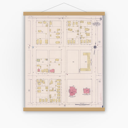 Old map wall art mockup — magnetic wood frame on white wall — Sanborn Fire Insurance Map from Marysville, Yuba County, California (1921), Sheet #0009