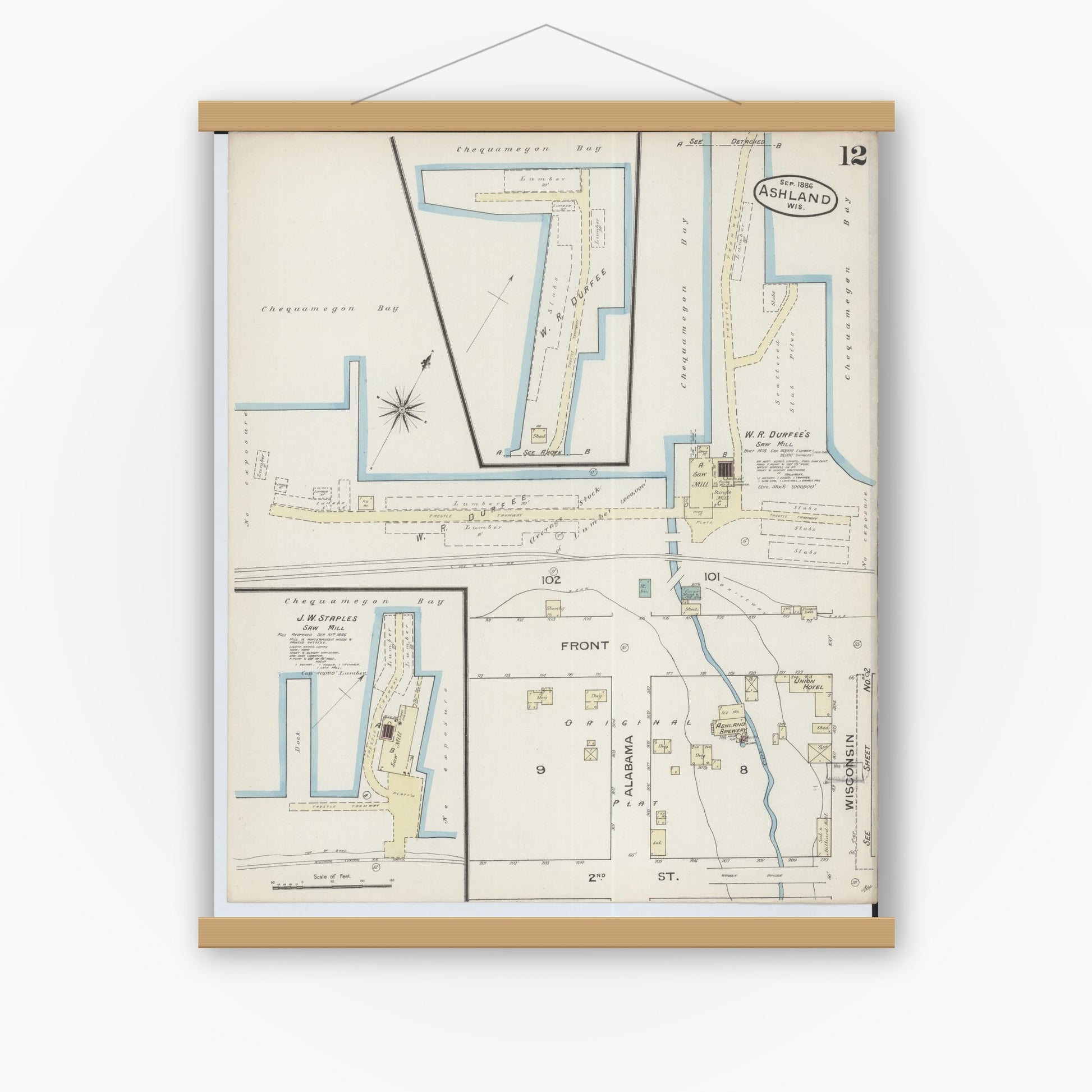 Old map wall art mockup — magnetic wood frame on white wall — Sanborn Fire Insurance Map from Ashland, Ashland County, Wisconsin (1886), Sheet #0012