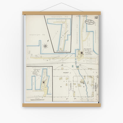 Old map wall art mockup — magnetic wood frame on white wall — Sanborn Fire Insurance Map from Ashland, Ashland County, Wisconsin (1886), Sheet #0012
