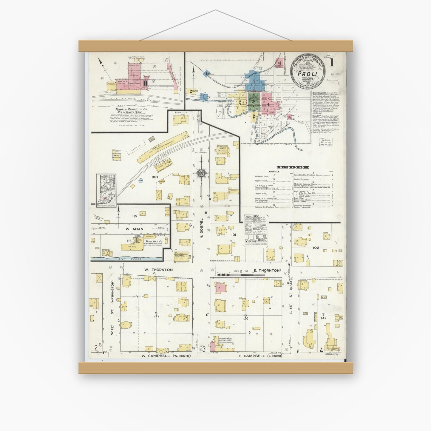 Old map wall art mockup — magnetic wood frame on white wall — Sanborn Fire Insurance Map from Paoli, Orange County, Indiana (1916) - Complete Map Set