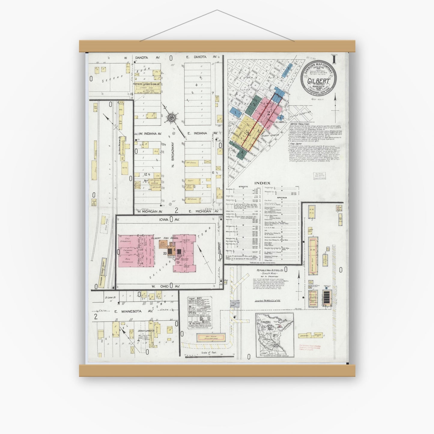 Old map wall art mockup — magnetic wood frame on white wall — Sanborn Fire Insurance Map from Gilbert, Saint Louis County, Minnesota (1921), Sheet #0001