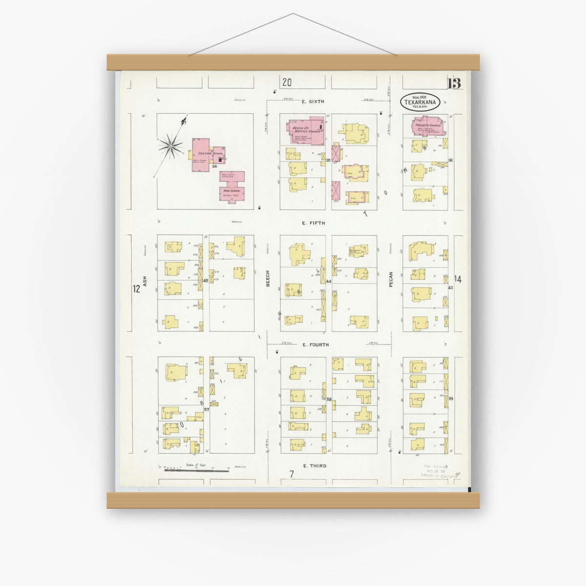 Old map wall art mockup — magnetic wood frame on white wall — Sanborn Fire Insurance Map from Texarkana, Bowie County, Texas (1909), Sheet #0013