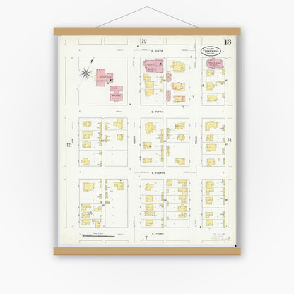 Old map wall art mockup — magnetic wood frame on white wall — Sanborn Fire Insurance Map from Texarkana, Bowie County, Texas (1909), Sheet #0013